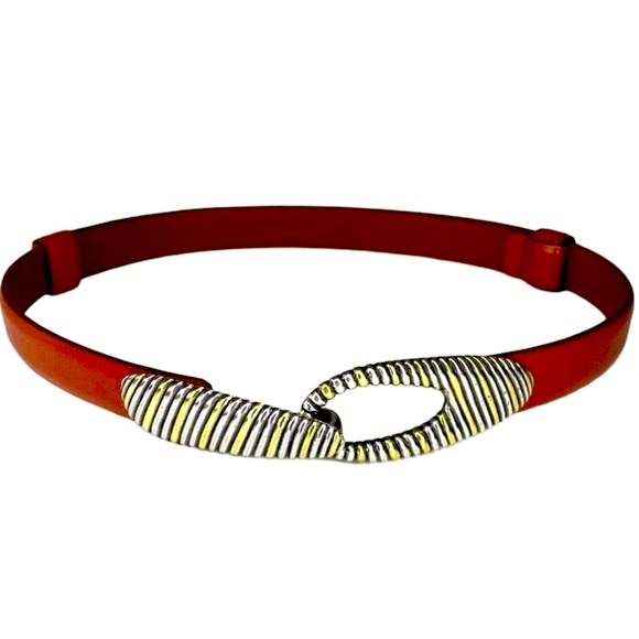 Chicos red leather belt adjustable gold & silver toned buckle - Picture 1 of 9